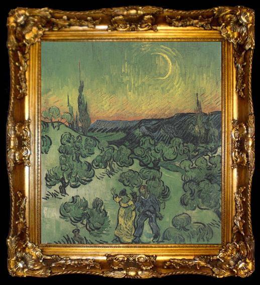 framed  Vincent Van Gogh Landscape with Couple Walking and Crescent Moon (nn04), ta009-2